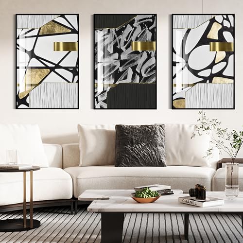 QKF 3Pcs Black White Gold Abstract Geometric Crystal Framed Canvas Wall Art - color: Black White Gold And Gray, size: 16" X 24" X 3 pieces