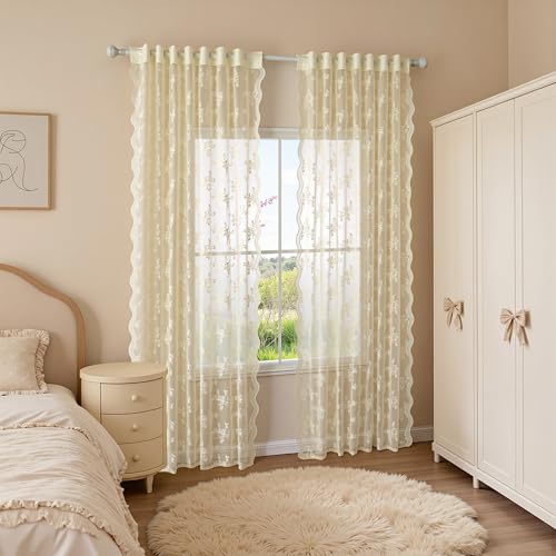 MEETSKY Lace Sheer Curtains 90 Inch Length Cream Floral Sheer Curtain - color: Light Yellow, size: 50"W x 90"L (Pack of 2)