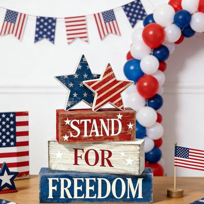 4th of July Table Decorations Patriotic Memorial Day Tiered Tray Decor Wooden Stars Block Signs Independence Farmhouse 250th July Fouth Centerpiece for Tables Wooden Sign for Home Decor - style: July 4th Stars