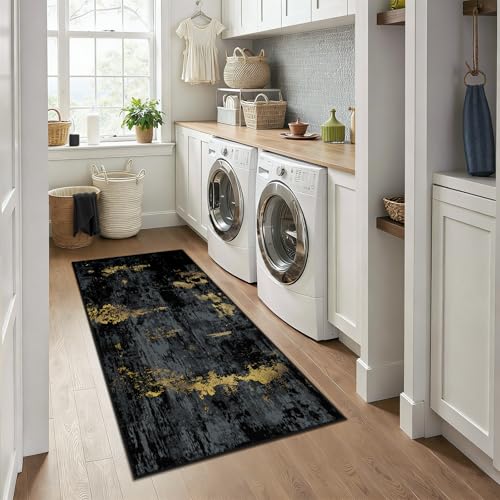 RELEANY Washable Runner 3'x6' Abstract Area Rug for Hallway Black Gold - color: Black/Gold, size: 3' x 6' (Runner)