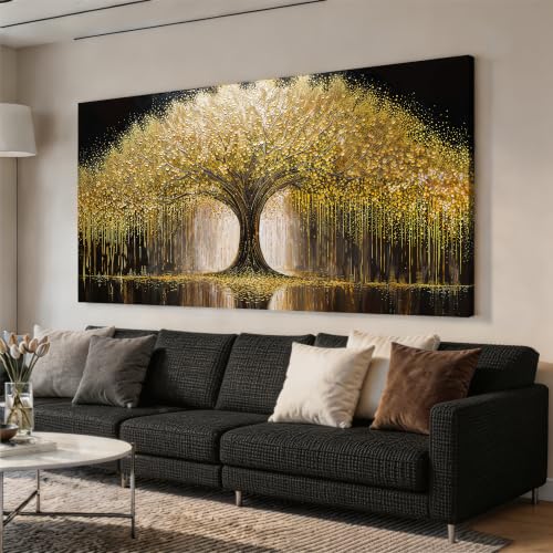 Gold Tree Wall Art Pictures 24"x48" Gold Tree Of Life Wall Art For Bedroom - color: HX5D, size: 48"L x 24"W