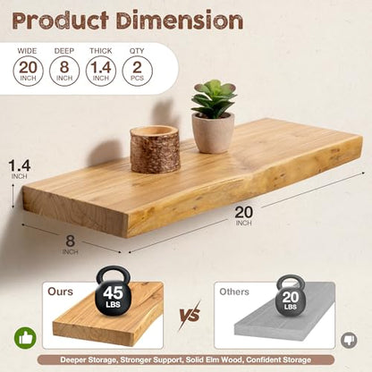 fuqing Live Edge Floating Shelves for Wall, 20 Inch Solid Elm Wood Shelves - color: Natural Elm Live Edge - 8"d, size: 20"L - 2Packs