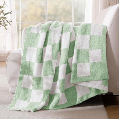 Exclusivo Mezcla Checkered Knit Blanket Twin Size for Bed, Sage Green - color: Sage Green, size: Twin (60"x80")