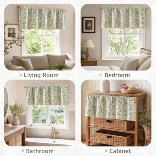 jinchan Maia Floral Linen Double Layer Valance 16 Inch 1 Panel Green - color: Maia Green on Linen, size: 50"W x 16"L (Pack of 1)