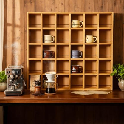 Kigley Oversize Coffee Mug Display Rack Wooden Shelves Rustic Shot Glass Display Case Travel Mug Shelf Wall Mounted Rack Holder Shadow Box (5 x 6,Light Nut-Brown) - color: Light Nut-brown, style: 5 x 6