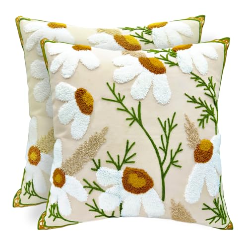 Alysheer Floral Embroidered Throw Pillow Cover 18"x18" Set of 2 White Daisy - color: Daisy White, size: 18" x 18" (Pack of 2)