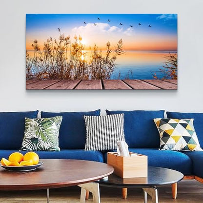 MHARTK66 Large Coastal Beach Sunset Canvas Wall Art for Living Room, 60x30 - color: Blue Sunrise Scenery (Wrapped Canvas), size: 60"L x 30"W