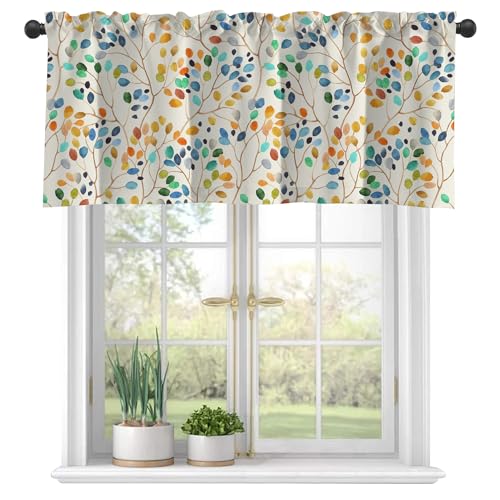 Watercolor Leaves Spots Semi-Sheer Window Valances - Rod Pocket, Short, Light Filtering, 42"x18" - Perfect for Kitchens & Living Rooms - color: Colorful Leaves, size: 18"W x 42"L (Pack of 1)