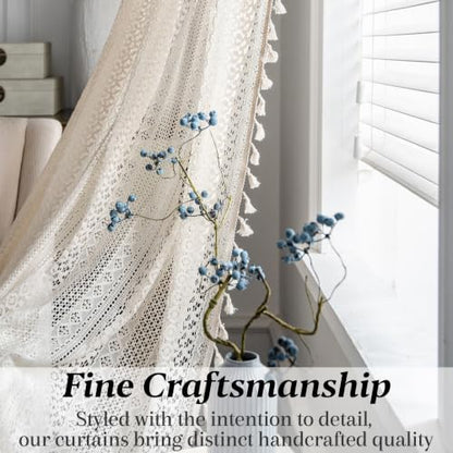 Sutuo Home Beige Boho Lace Sheer Curtains 84 inches Long,Crochet Macrame Semi-Sheer Bohemian Drape with Tassels, Cream Farmhouse Window Curtains for Living Room & Bedroom, 1 Panel 59" W,Rod Pocket - color: Beige Crochet, size: 59"W x 84"L (Pack of 1)