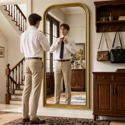 71"x32" Full Length Mirror with Stand, Arched PU Frame - color: Antique Gold