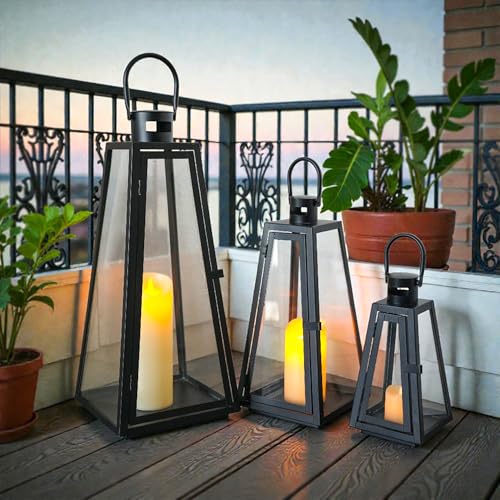 TRIROCKS Set of 3 Decorative Candle Lantern 11/16/21''H Metal Outdoor Candle Holder Hanging Lantern with Tempered Glass for Christmas Home Living Room Parties Event Indoors Outdoors (Black Triangle) - color: Black