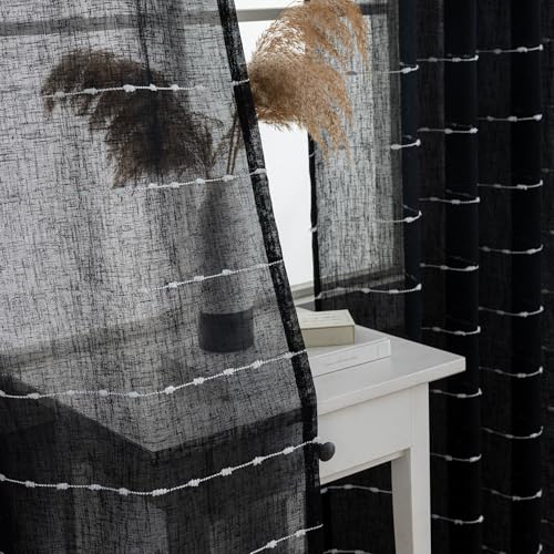 Black Sheer Curtains 72 Inch Faux Linen Boho Striped 2 Panels - color: Black, size: 52"W x 72"L (Pack of 2)