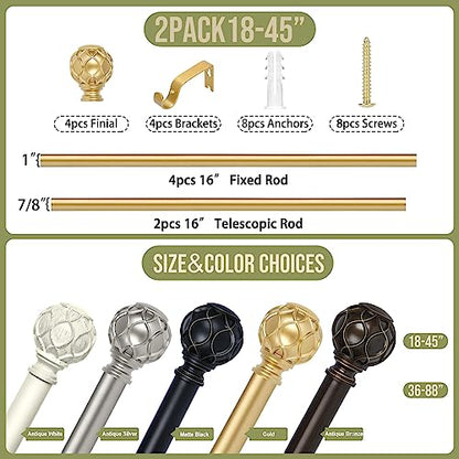 TANGWIN Farmhouse Curtain Rod Adjustable,Heavy Duty Boho,18-45",Gold,2 Pack - color: Brass Gold, size: 18-45" & 2pack
