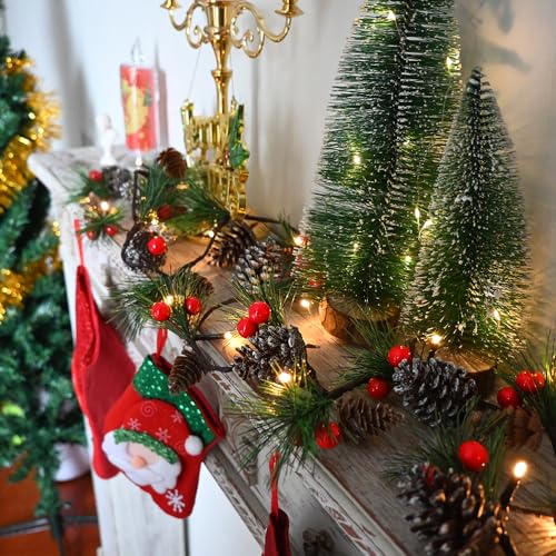 Christmas Garland Lights 6.56FT Holiday Prelit Garlands Pine Cone Red Berry Battery Operated with Remote Garland Wreath Xmas Decor Lights for Outdoor Indoor Christmas Tree Home Frontdoor Decorations - size: 6.56 Feet