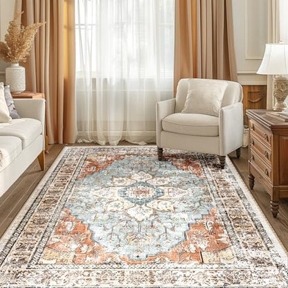 BESTSWEETIE Washable Boho 6x9 Area Rug, No Pile, Living Room, Green Brick - color: Green/Brick/Rust Red, size: 9' x 6' (Rectangular)
