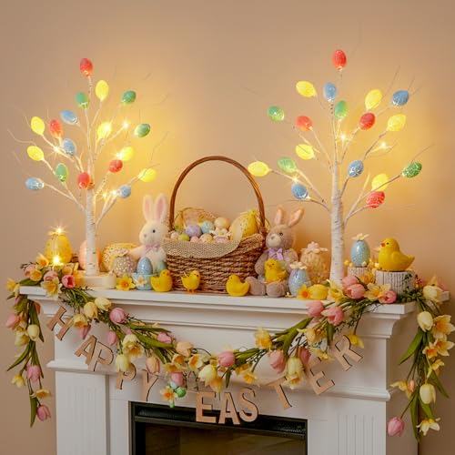 Vanthylit Easter Decorations, 2 Pack Lighted Easter Tree Battery Operated with Timer, 22 Inch LED Birch Tree with 36 Egg Ornaments Indoor Tabletop Centerpiece Light for Home Decor - size: 2pk Easter Tree