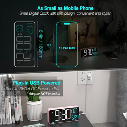 KOSUMOSU Alarm Clocks for Bedrooms, 6.7in Small Digital Clock, Auto Dimming, Room Temperature, Day of The Week, Date, Seconds, Digital Clocks for Living Room, Alarm Clock - color: Pink (White + Blue Digits)
