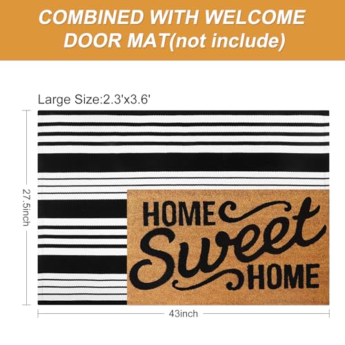 LEEVAN 2.3'X3.6' Black and White Striped Woven Reversible Outdoor Rug - color: Black Strip, size: 2'3" x 3'6"
