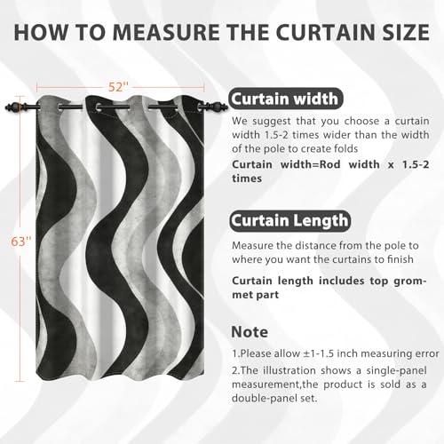 Modern Blackout Curtains 63 Inch Length 2 Panel Set,Black White Gray Wave Striped Abstract Curtains for Bedroom Living Room,Room Darkening Window Drapes with Grommet - color: 02 Black, size: 52"W x 63"L (Pack of 2)