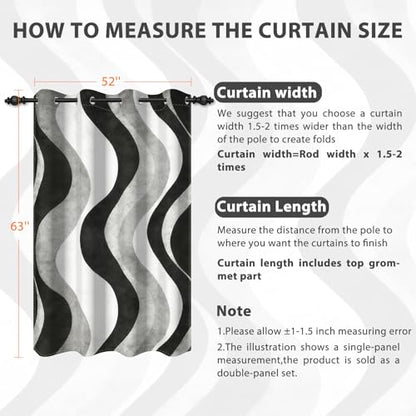 Modern Blackout Curtains 63 Inch Length 2 Panel Set,Black White Gray Wave Striped Abstract Curtains for Bedroom Living Room,Room Darkening Window Drapes with Grommet - color: 02 Black, size: 52"W x 63"L (Pack of 2)