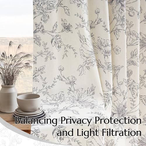 Linen Semi Sheer Curtains 96 Inches Long Pleated Black Floral Print Drapes - color: Black, size: 40"W x 96"L (Pack of 2)