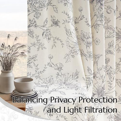 Linen Semi Sheer Curtains 96 Inches Long Pleated Black Floral Print Drapes - color: Black, size: 40"W x 96"L (Pack of 2)