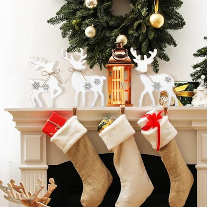 3Pcs Cute Christmas Tiered Tray Decor Indoor, Wooden Farmhouse Reindeer Christmas Tabletop Decorations Xmas Centerpiece, Rustic Reindeer Sign Standing Elk Decor for Home Shelf (White) - style: White