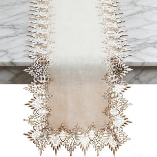 2 Pcs Lace Doily, 16"*35" Rectangle Neutral Earth Tones Beige Lace Coffee Table Topper Linen Style Tablecloth Placemats with Embroidery Edge for Dining Room - size: 16*35"