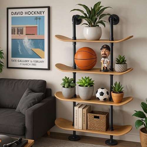 Industrial Pipe Bookcase, 4 Tier Shelf, Natural Wood Stain Finish - size: 4 Tier Shelf