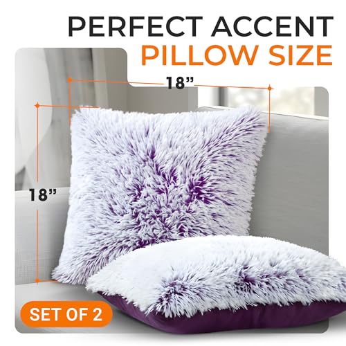 Cheer Collection Throw Pillows for Couch and Bed, Soft Shaggy Throw Pillows with Inserts Included, Cozy Long Hair Faux Fur Pillows - Set of 2-18" x 18" - Purple - color: Purple Ombre, size: 18 x 18-Inch