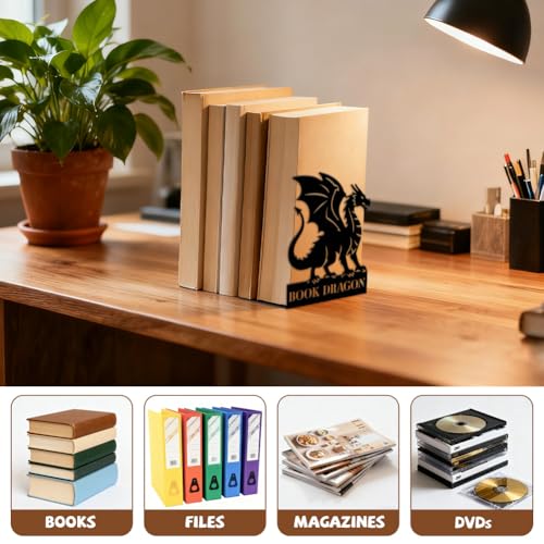Peacoblue 5.3"x4.3"x6.9" Metal Bookends, Heavy Duty Book Ends for Shelves - style: Dragon