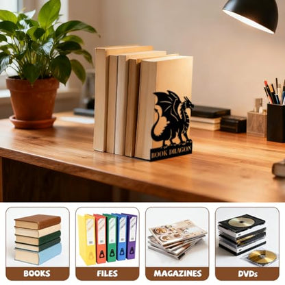 Peacoblue 5.3"x4.3"x6.9" Metal Bookends, Heavy Duty Book Ends for Shelves - style: Dragon