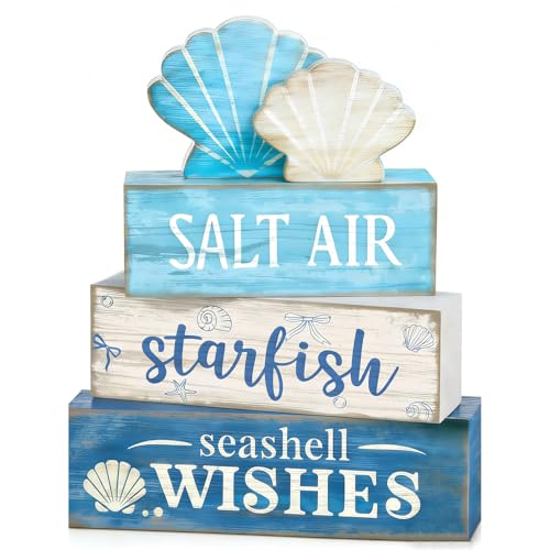 4 Pcs Coastal Summer Beach Tiered Tray Decor Rustic Wooden Nautical Centerpiece Set with Shell Starfish Farmhouse Style Beach Room Decor Summer Tiered Tray Decor - style: Coastal
