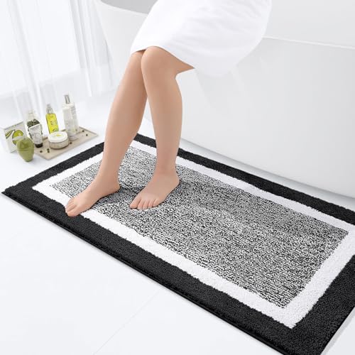OLANLY Bathroom Runner Rugs 44x24, Long Bath Mats for Bathroom Floor, Black | Extra Soft and Absorbent Microfiber Bath Rugs, Non-Slip, Machine Washable, Quick Dry Shaggy Bath Carpet, Tub and Shower - color: Black and White, size: 44" X 24"