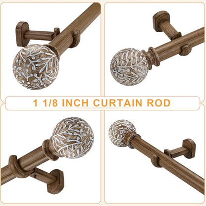 1-1/8 Inch Diameter Wood Curtain Rods for Windows 36 to 72 inch - Adjustable Seamless Aluminum Bracket - Heavy-Duty Boho Curtain Rods with Seaweed Finial - Dark Brown Wood Grain - color: Dark Brown Wood Grain, size: 36-72"