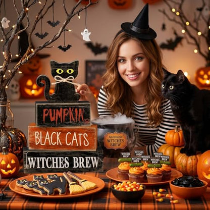 Lineshading 4 Pcs Halloween Table Decor for Home, Wooden Black Cat Sign Set - style: Black Cat