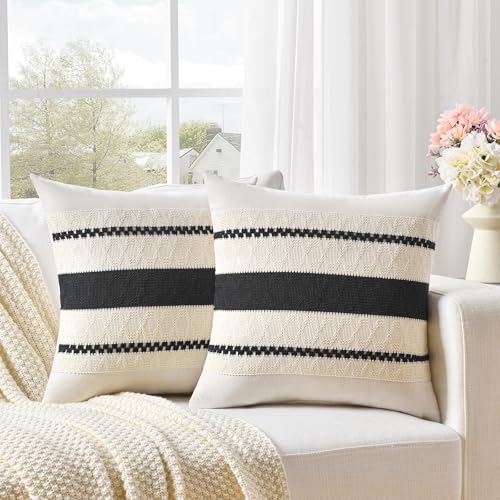 Fancy Homi Set of 2 Boho Black Decorative Throw Pillow Cover 16x16 Inch for Couch Bed Sofa, Aesthetic Modern Organic Farmhouse Home Decor, Soft Cotton Cute Accent Macrame Woven Cushion Case - color: Black, size: 16" x 16" (Pack of 2)