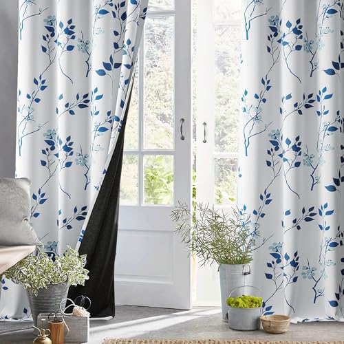 Beauoop Floral 100% Blackout Curtains for Bedroom Navy Blue 52X84 2 Panels