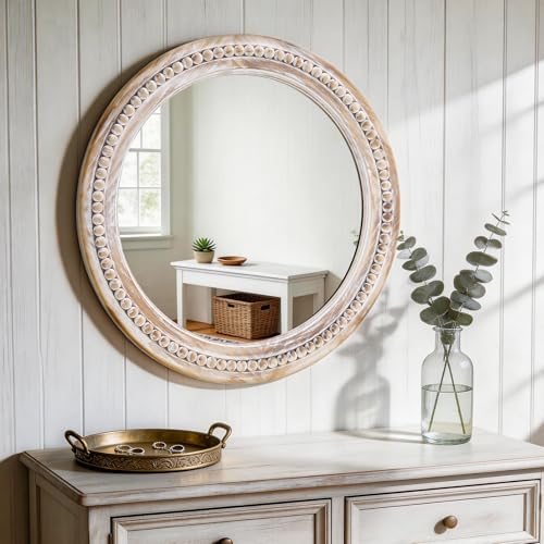 27 Inch Wooden Round Beaded Wall Mirror,Farmhouse Wood Round Mirror - color: Natural