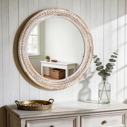 27 Inch Wooden Round Beaded Wall Mirror,Farmhouse Wood Round Mirror - color: Natural