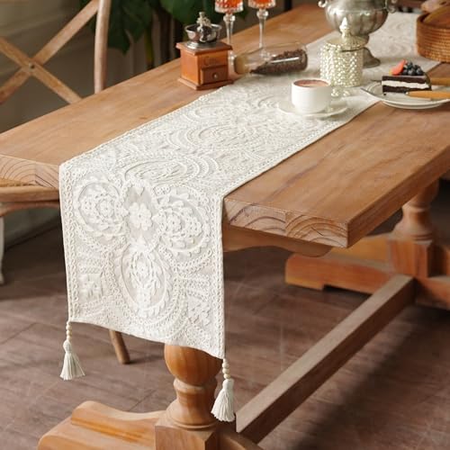 Embroidered Dresser Runner Lace Boho Scarf, Beige 14"x56" - color: Beige, size: 14 x 56 Inches