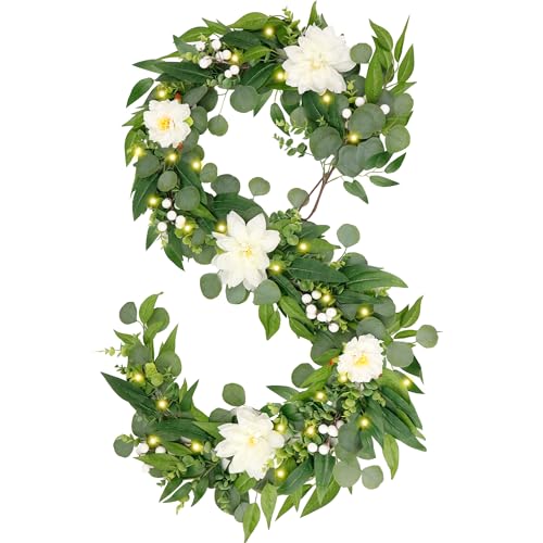 Artificial Eucalyptus Garland with Lights,Fairy Light Olive Leaves Vine Garland with White Flowers & White Berries, Bendable Mantle Garland for Indoor Outdoor Wedding, Home Decoration (6FT) - size: 6FT