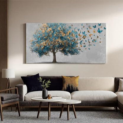 YISXINOAG Blue Gold Tree of Life Wall Art Butterfly Landscape Print 24"X48" - color: grey green, size: 48"L x 24"W