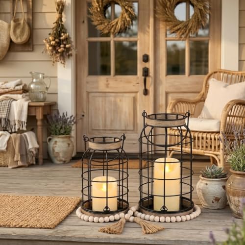 Rustic Farmhouse Candle Lantern, 2Pcs Decorative Lantern Decor with Candles