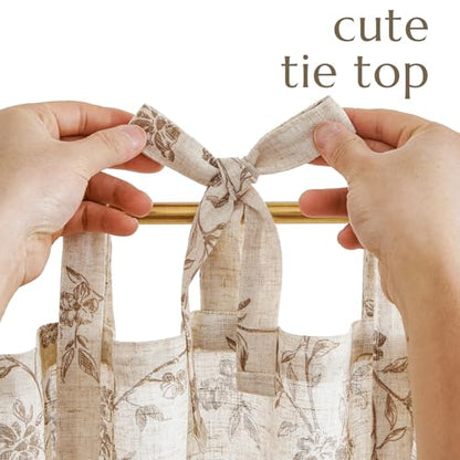 jinchan Taupe Floral Kitchen Tier Curtains Alisa 36 Inches Tie Top 2 Panles - color: Alisa Taupe on Linen, size: 26"W x 36"L (Pack of 2)