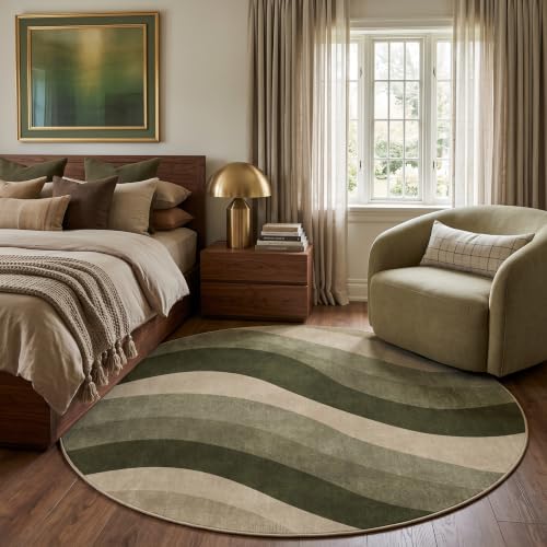 6Ft Olive Green and Beige Abstract Wave Area Rug for Living Room - color: Olive Green/Beige, size: 6' (Round)