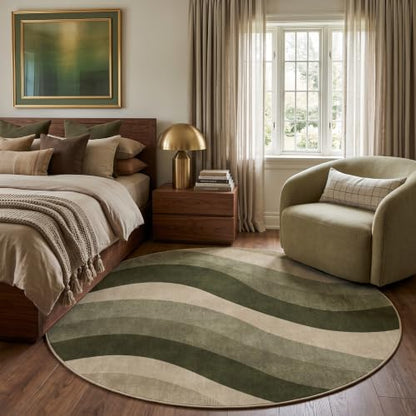 6Ft Olive Green and Beige Abstract Wave Area Rug for Living Room - color: Olive Green/Beige, size: 6' (Round)