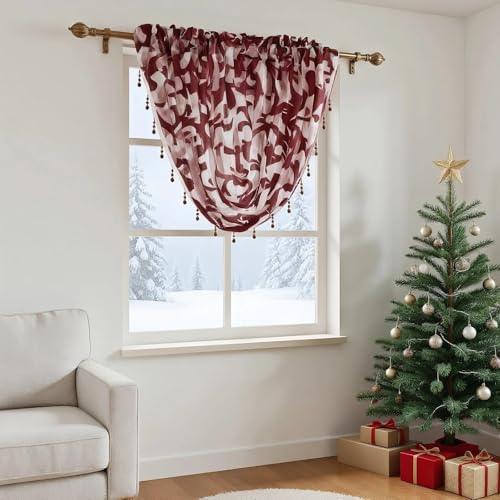 NAPEARL Burgundy Red Valance Curtain Christmas Decorative Window Sheer for Festival, Elegant Beaded Tassel Trim Rod Pocket Floral Scroll Sheer Window Treatment for Bathroom, Kitchen, Living Room - color: Burgundy, size: 40"W x 17"L (Pack of 1)
