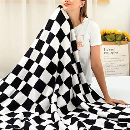 Ultra Soft Checkered Blanket Cozy Buffalo Check Throw Fluffy Knitted Reversible Throw Blanket Lightweight Fleece Checkerboard Grid Blanket for Sofa Couch Bed Travel, Classic Black, 51''x63'' - color: Classic Black