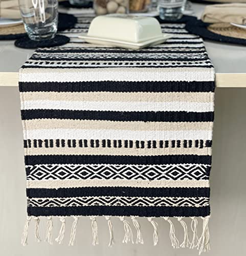 CHARDIN HOME Black, Cream, White Boho Table Runner | Cotton Farmhouse Table Linen 13x72 Inches| Machine Washable, Durable and Easy to Combine - color: Ivory-black, size: 13x72 Inch.